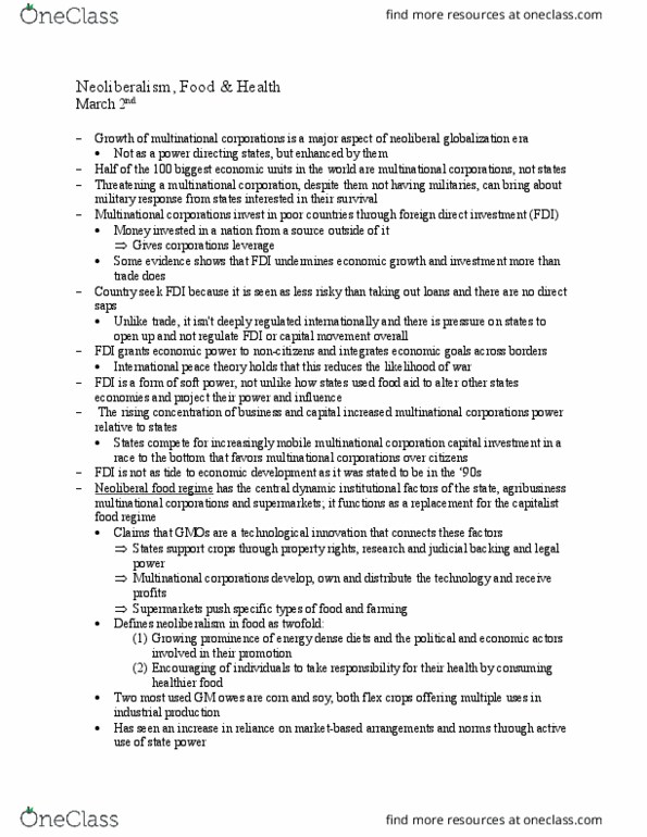 POLS 196 Lecture Notes - Lecture 20: Foreign Direct Investment, Multinational Corporation, Food Regimes thumbnail