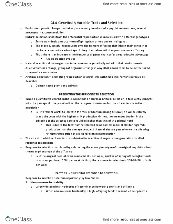 Biology 2581B Chapter Notes - Chapter 22.4: Selective Breeding, Heritability, Genotype thumbnail