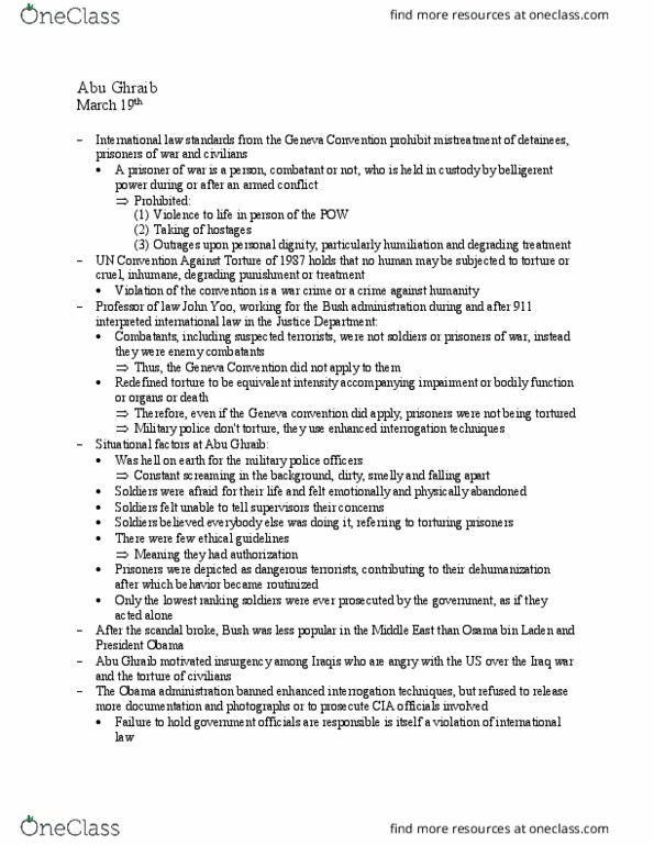 SOC 014 Lecture Notes - Lecture 8: United Nations Convention Against Torture, Enhanced Interrogation Techniques, John Yoo thumbnail