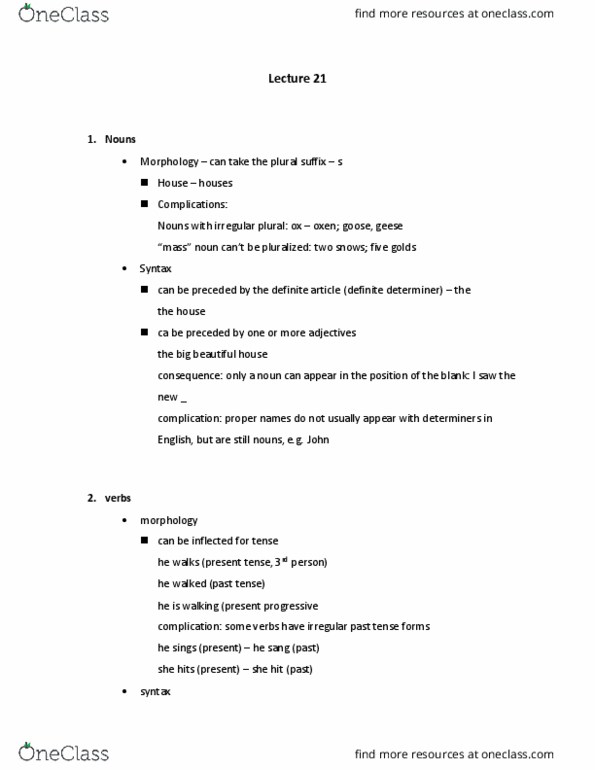 LING 100 Lecture Notes - Lecture 21: Mass Noun, Infinitive, Preposition And Postposition cover image