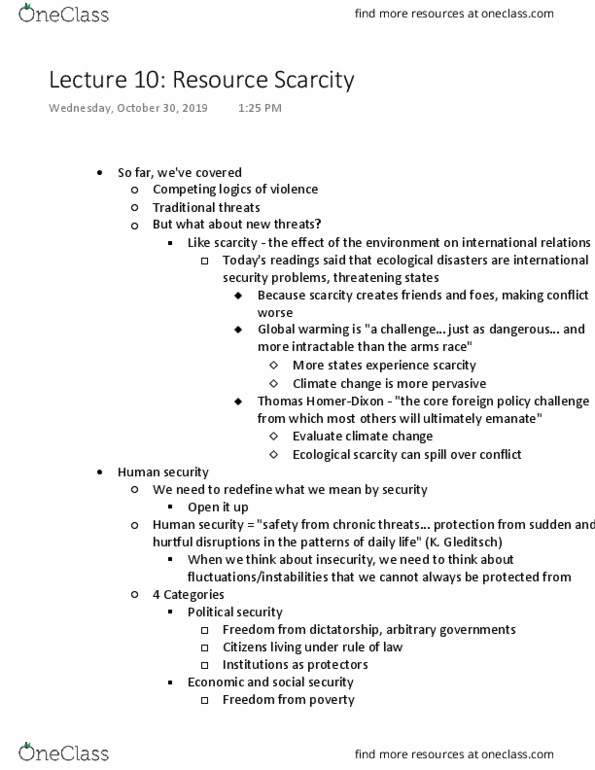 POL S 121 Lecture Notes - Lecture 10: Human Security, Global Warming, Environmental Security thumbnail