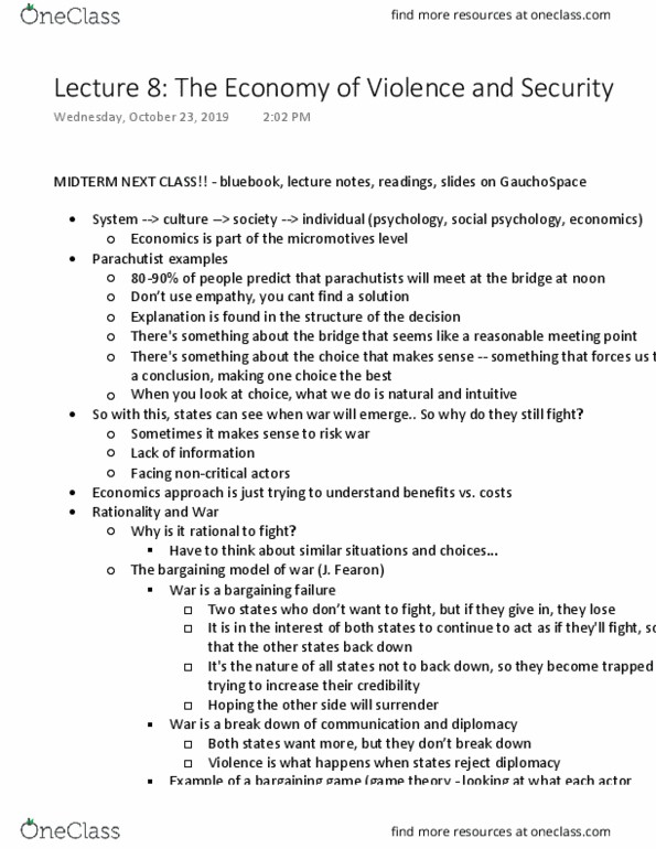 POL S 121 Lecture Notes - Lecture 8: Rationality, Expected Utility Hypothesis, Geoffrey Blainey thumbnail