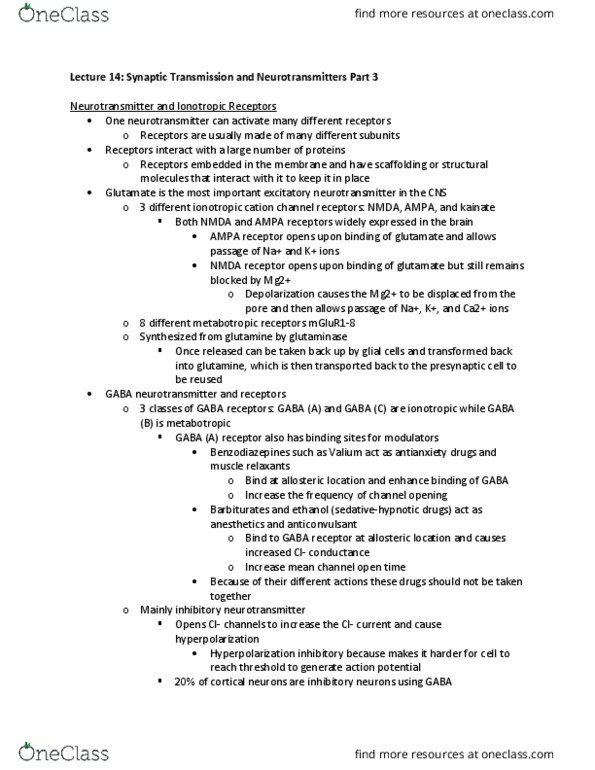 NPB 110 Lecture Notes - Lecture 14: Gaba Receptor, Ligand-Gated Ion Channel, Glutaminase thumbnail