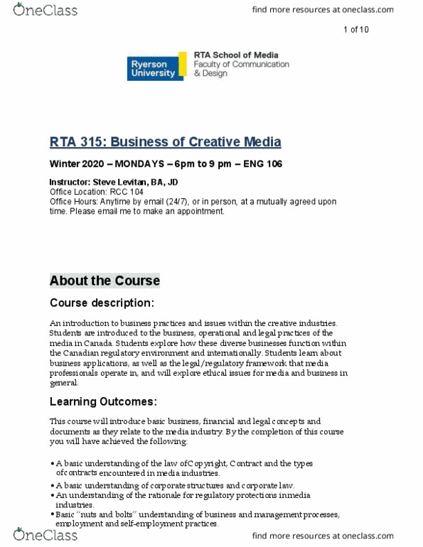 RTA 315 Lecture Notes - Lecture 1: Ryerson University, Due Date, No. 11 Group Raf thumbnail
