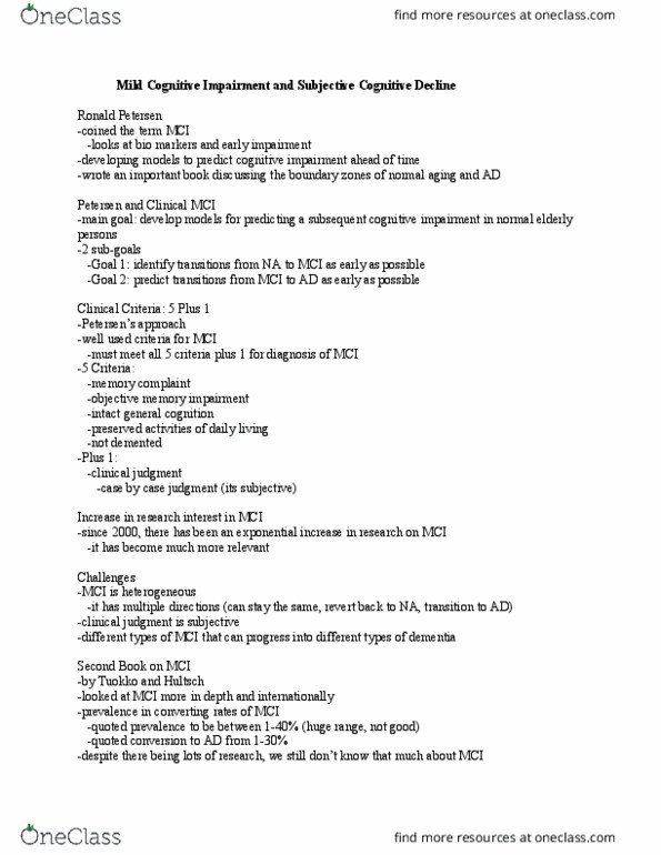 PSYCO403 Lecture Notes - Lecture 5: Dementia, Apolipoprotein E, Longitudinal Study thumbnail