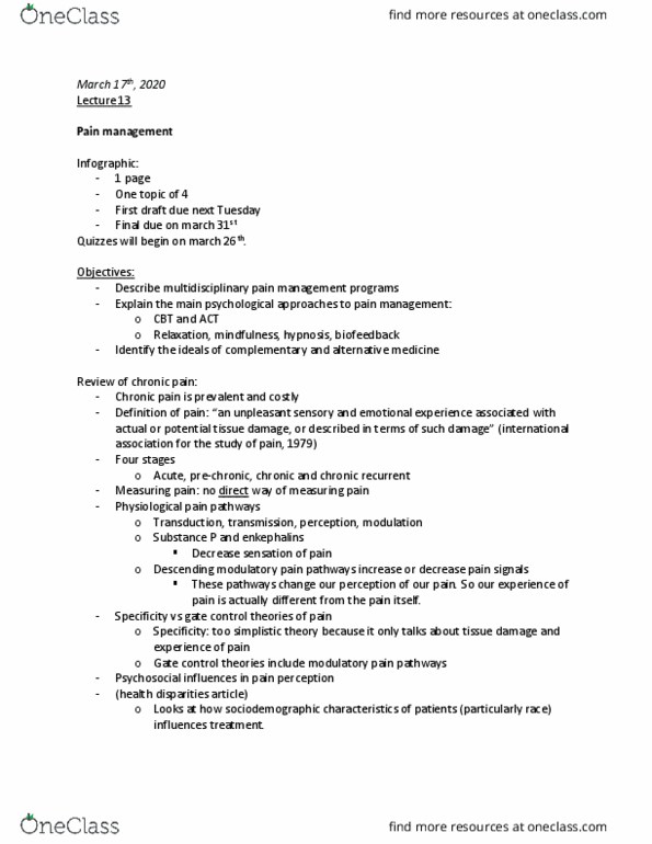 CAS PS 332 Lecture Notes - Lecture 13: Pain Management, Infographic, Enkephalin thumbnail