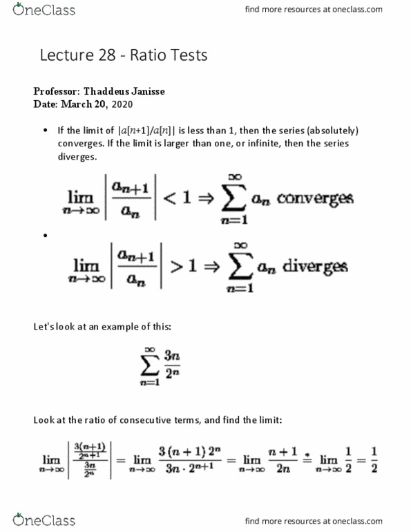 MAT137Y1 Lecture Notes - Lecture 33: Ratio Test cover image