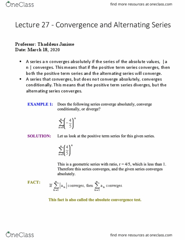 MAT137Y1 Lecture Notes - Lecture 32: Alternating Series, Absolute Convergence cover image