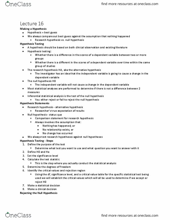 Kinesiology 2032A/B Lecture Notes - Lecture 16: Null Hypothesis, Statistical Hypothesis Testing, Test Statistic thumbnail