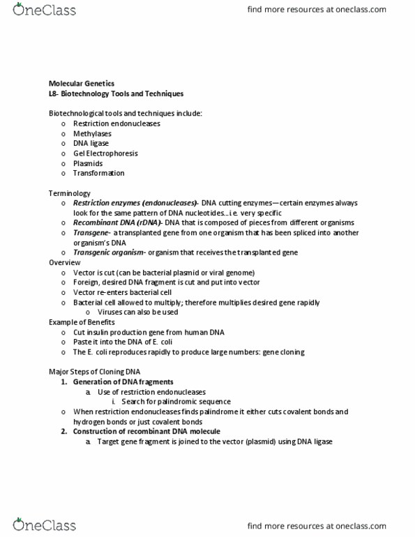 FARE 1040 Lecture Notes - Lecture 8: Restriction Enzyme, Dna Ligase, Palindromic Sequence thumbnail