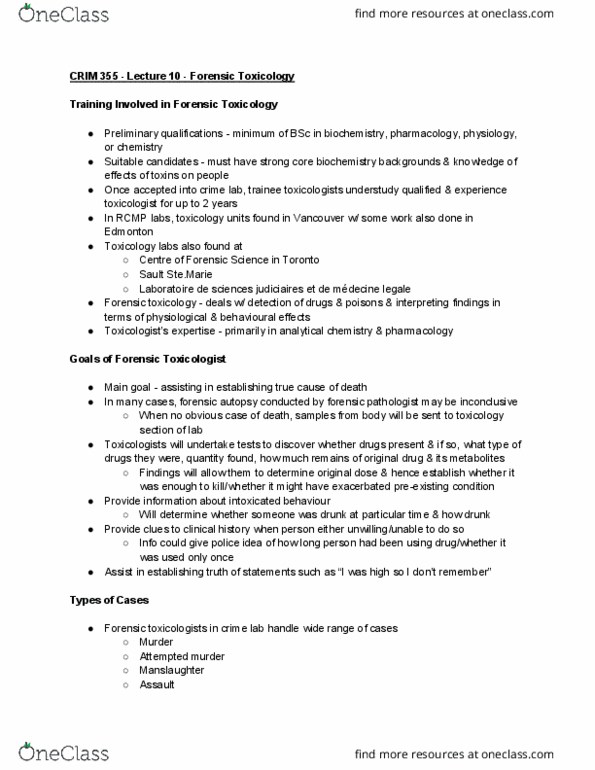 CRIM 355 Lecture Notes - Lecture 10: Forensic Toxicology, Forensic Pathology, Analytical Chemistry thumbnail