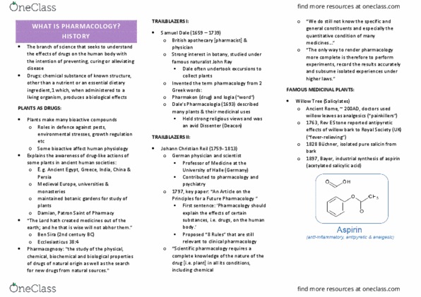 PHAR2210 Lecture Notes - Lecture 1: Johann Christian Reil, Clinical Pharmacology, Salicylic Acid thumbnail