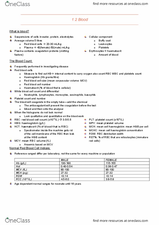 IMED2002 Lecture Notes - Lecture 7: White Blood Cell, Red Blood Cell, Hematocrit thumbnail