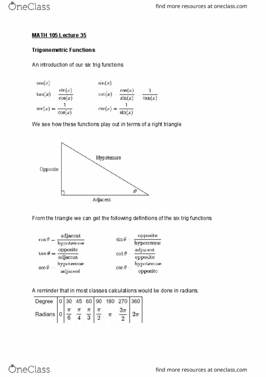 MATH 105 Lecture Notes - Lecture 35: Trigonometric Functions, A Reminder, Unit Circle cover image