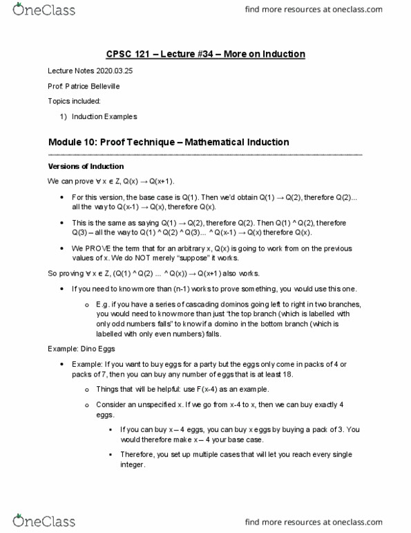 CPSC 121 Lecture Notes - Lecture 35: Mathematical Induction cover image