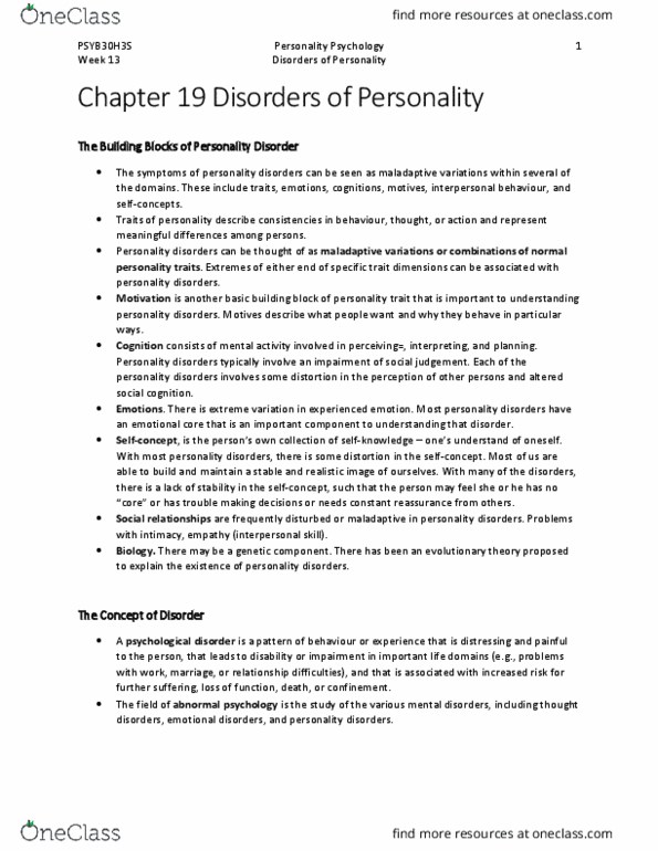 BIOB32H3 Lecture Notes - Personality Disorder, Mental Disorder, Abnormal Psychology thumbnail