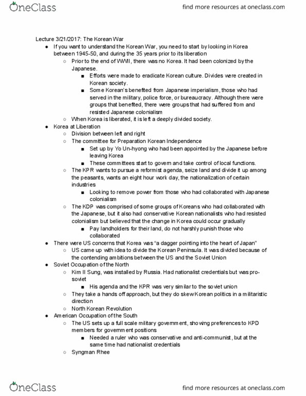 HIST 2340W Lecture Notes - Lecture 14: Syngman Rhee, Korean War, Korean Independence Movement thumbnail