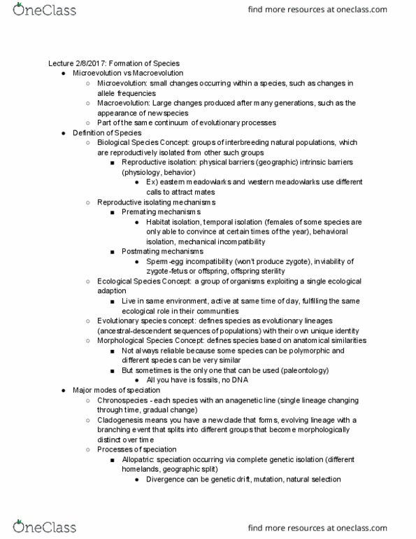 ANTH 1001 Lecture Notes - Lecture 5: Chronospecies, Anagenesis, Reproductive Isolation thumbnail