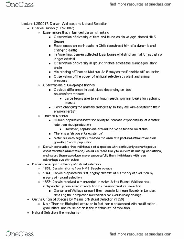 ANTH 1001 Lecture Notes - Lecture 2: Thomas Robert Malthus, Linnean Society Of London, Selective Breeding thumbnail
