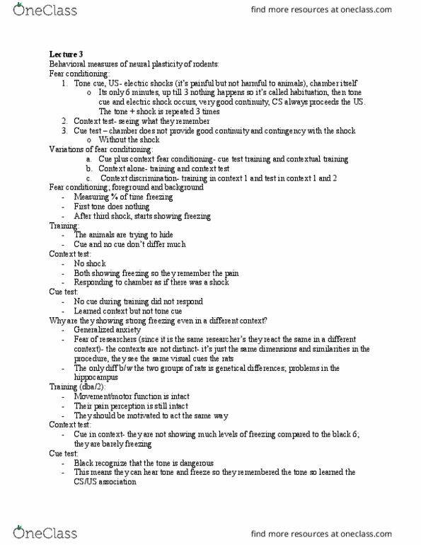 PSY397H5 Lecture Notes - Lecture 3: Fear Conditioning, Habituation, Gyrus thumbnail