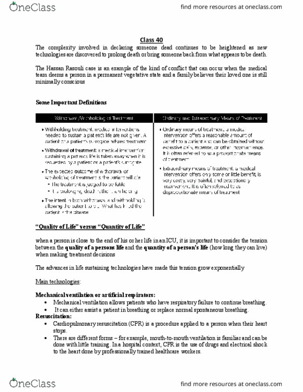 THEO 353 Lecture Notes - Lecture 40: Mechanical Ventilation, Dialysis, Palliative Care thumbnail