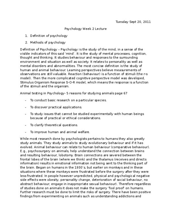 Psychology 1000 Lecture Notes - Animal Testing, Ethology, Organism thumbnail