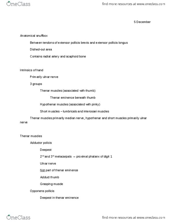 BMS 301 Lecture Notes - Palmar Interossei Muscles, Abductor Digiti Minimi Muscle Of Hand, Flexor Digitorum Profundus Muscle thumbnail