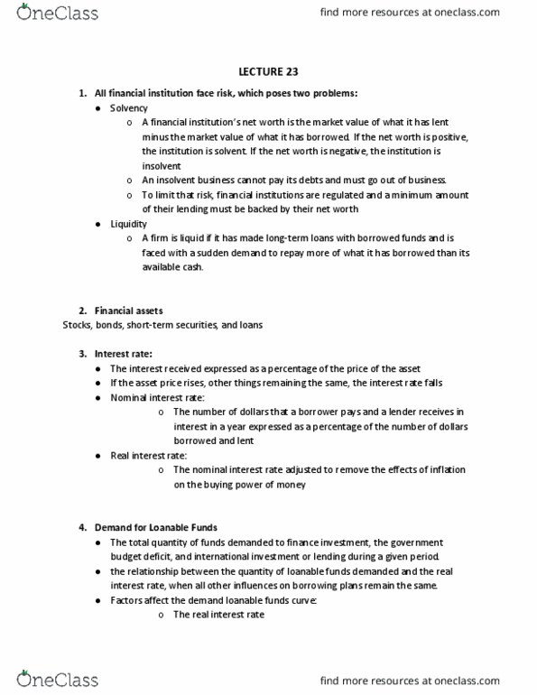 ECON 102 Lecture Notes - Lecture 23: Real Interest Rate, Nominal Interest Rate, Loanable Funds cover image