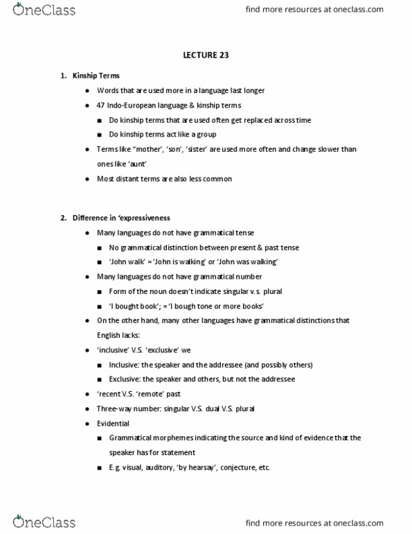 LING 100 Lecture Notes - Lecture 23: Grammatical Tense, Grammatical Number, Grammaticalization cover image