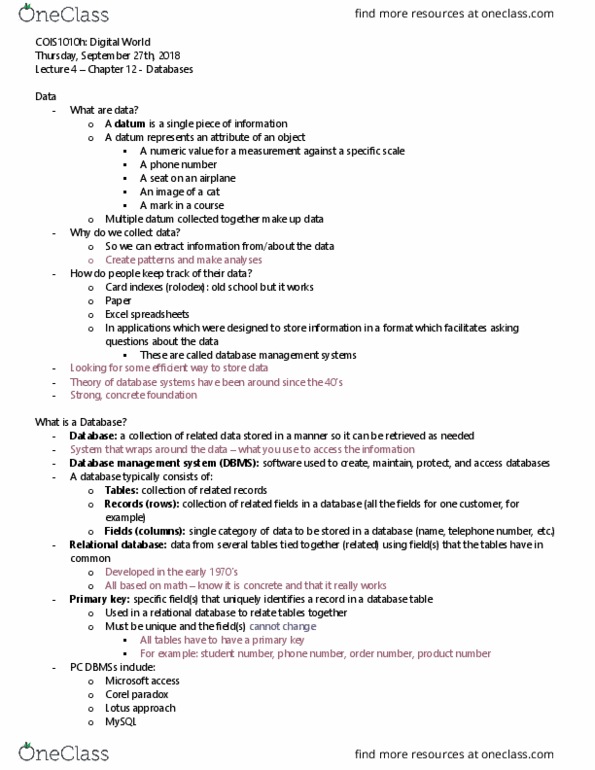 COIS 1010H Lecture Notes - Lecture 4: Relational Database Management System, Database, Rolodex thumbnail