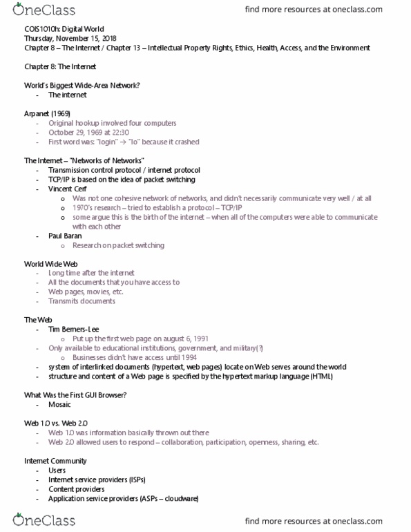 COIS 1010H Lecture Notes - Lecture 9: Transmission Control Protocol, Web 2.0, Internet Protocol thumbnail