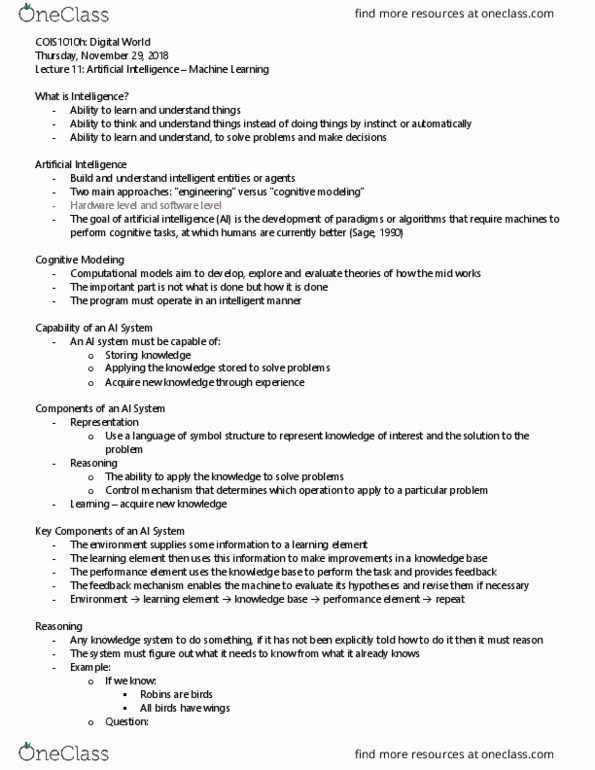 COIS 1010H Lecture Notes - Lecture 11: Knowledge Representation And Reasoning, Control Theory, Marvin Minsky thumbnail