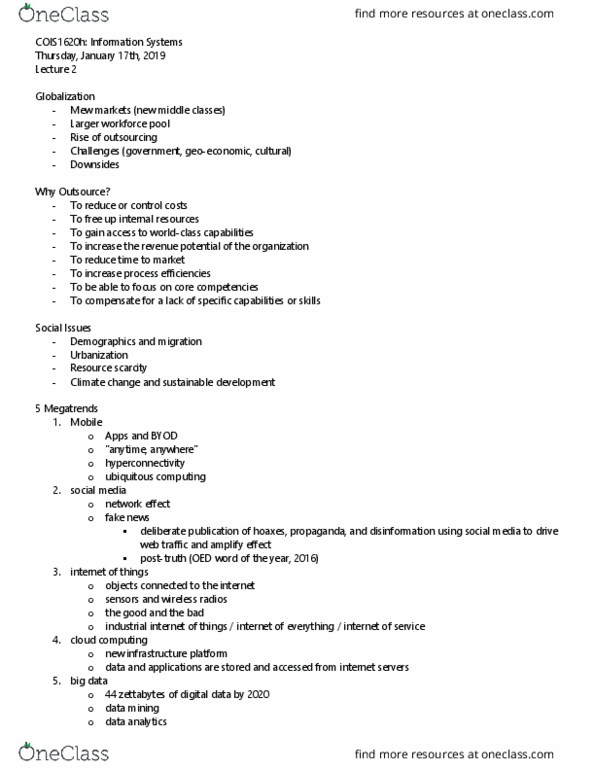 COIS 1620 Lecture Notes - Lecture 2: Ubiquitous Computing, Zettabyte, Disinformation thumbnail