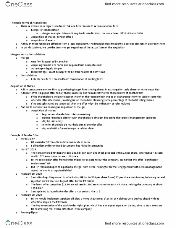 ADMN 4300H Lecture Notes - Lecture 12: Tender Offer, Shareholder Rights Plan, Management Buyout thumbnail