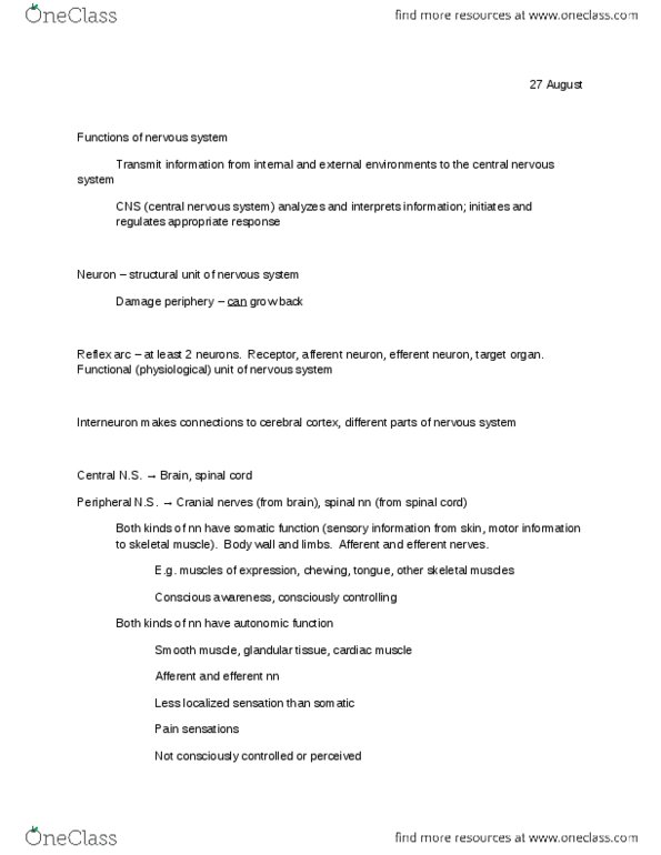 BMS 301 Lecture Notes - Brainstem, Thoracic Vertebrae, Cervical Vertebrae thumbnail