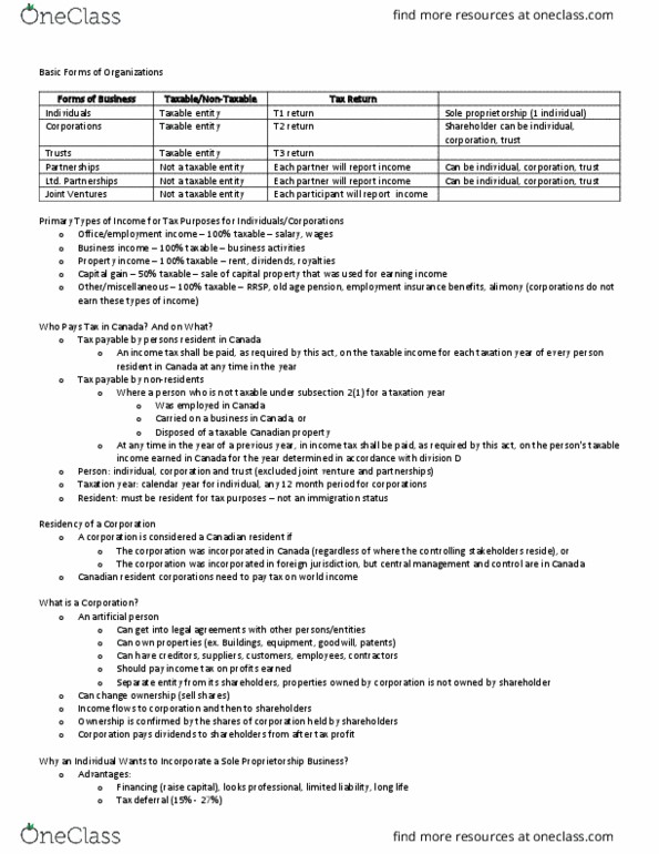 ADMN 4710H Chapter Notes - Chapter 11: Sole Proprietorship, Dividend Tax, Property Income thumbnail