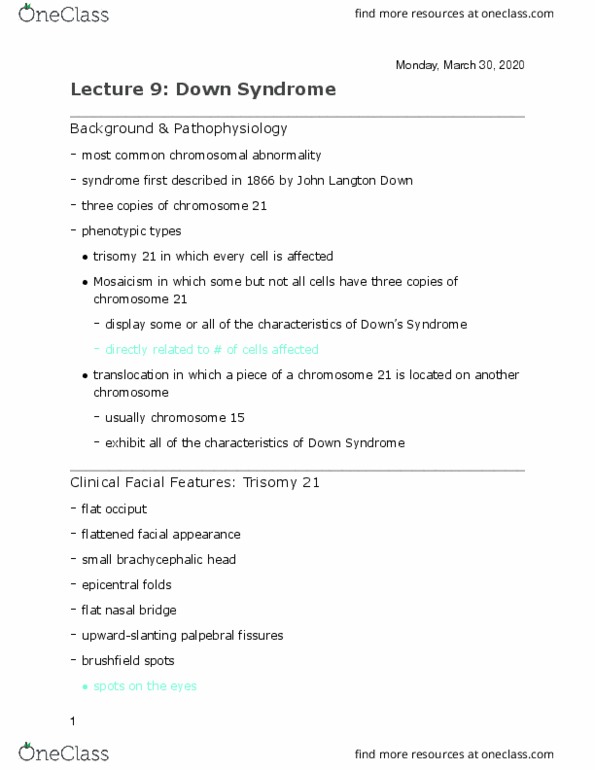 NUR 416 Lecture Notes - Lecture 9: Palpebral Fissure, Trisomy, Down Syndrome thumbnail