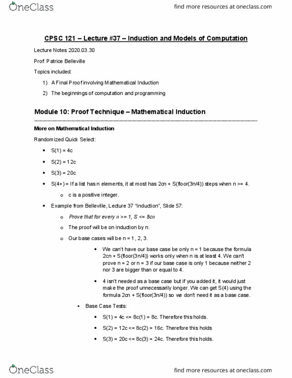 CPSC 121 Lecture Notes - Lecture 37: Mathematical Induction thumbnail