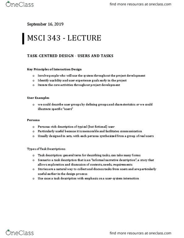 MSCI343 Lecture Notes - Lecture 5: Interaction Design, Msci, Use Case thumbnail