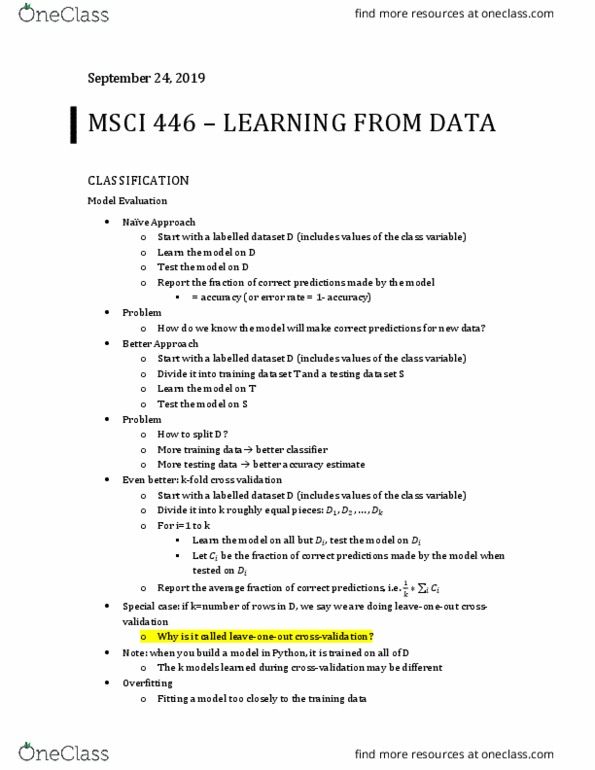 MSCI446 Lecture Notes - Lecture 1: Class Variable, Overfitting, Msci thumbnail