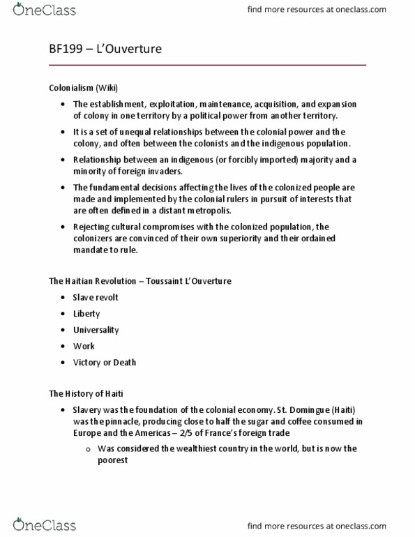 BF199 Lecture Notes - Lecture 16: Toussaint Louverture, International Republican Institute, Fort De Joux thumbnail