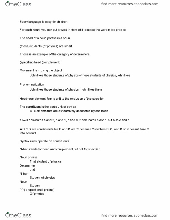 LING 2010Q Lecture Notes - Lecture 10: Determiner thumbnail