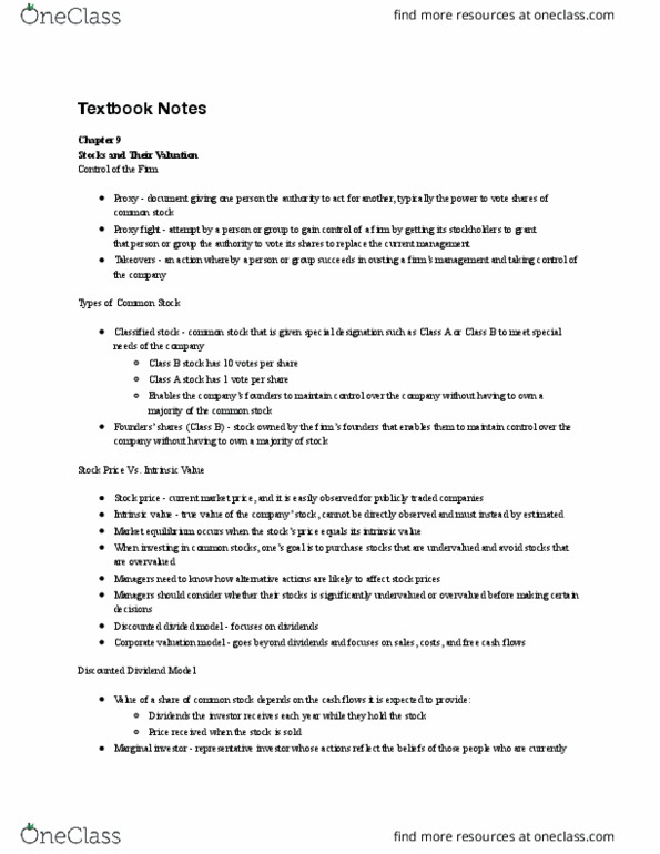 B A 323 Chapter Notes - Chapter 9: Market Price, Economic Equilibrium, Growth Stock thumbnail