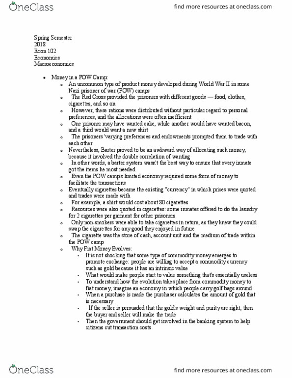 ECON 102 Lecture Notes - Lecture 22: Fiat Money, Commodity Currency, Golf Equipment thumbnail