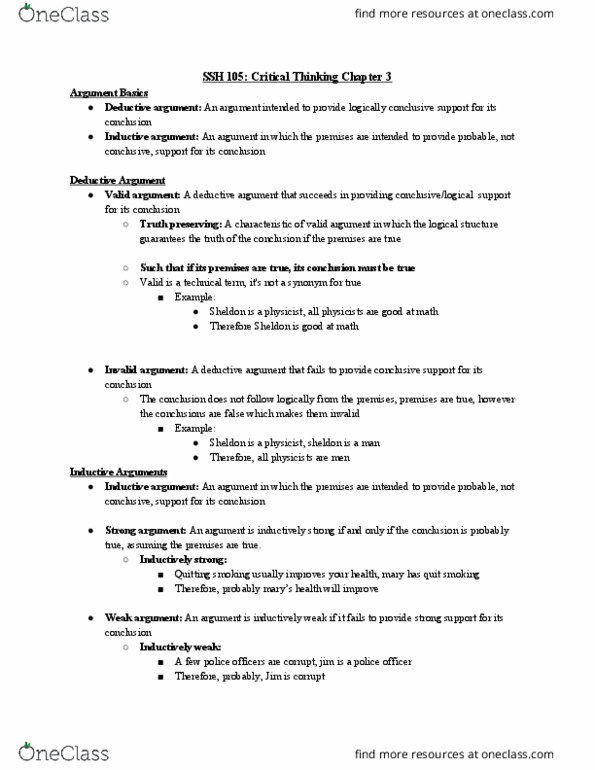 SSH 105 Lecture Notes - Lecture 3: Inductive Reasoning, Deductive Reasoning, Validity thumbnail