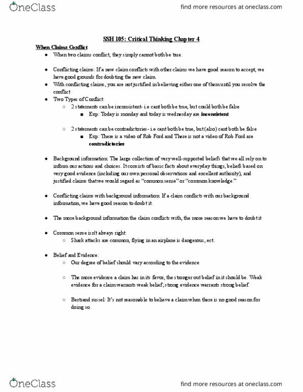 SSH 105 Lecture Notes - Lecture 5: Rob Ford, Bertrand Russell, Confirmation Bias thumbnail
