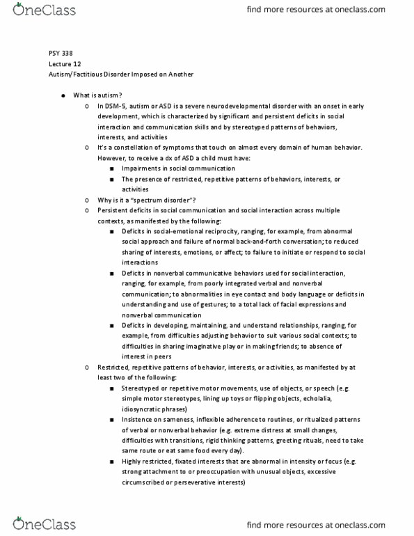 PSY 338 Lecture Notes - Lecture 12: Factitious Disorder, Neurodevelopmental Disorder, Nonverbal Communication thumbnail