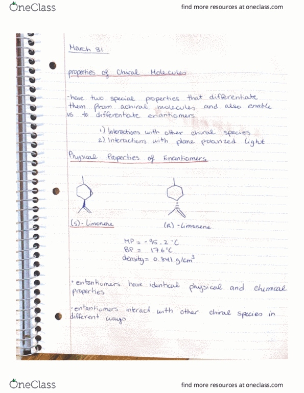 CHEM 123 Lecture Notes - Lecture 25: Limonene, Enantiomer, Racemic Mixture cover image