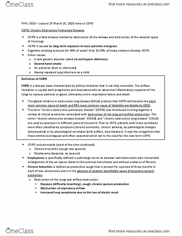 PHYL 3520 Lecture Notes - Lecture 27: Obstructive Lung Disease, Chronic Obstructive Pulmonary Disease, Passive Smoking thumbnail