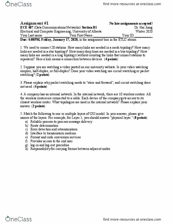 ECE486 Lecture Notes - Packet Switching, Circuit Switching, Osi Model thumbnail